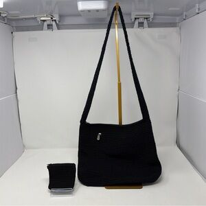 The Sak Black Crochet Shoulder Bag Boho Knit Purse w/ Coin Pouch Vintage